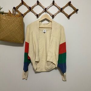 CAbi Cream Sophia Trio Cardigan with Red, Green, and Blue Accents